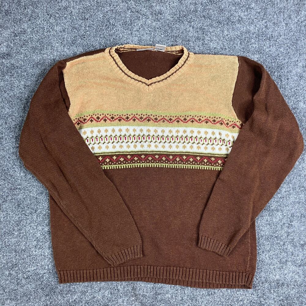 Villager Sport Sweater Womens M Brown Ramie Cotton Fair Isle‎ Knit Vintage